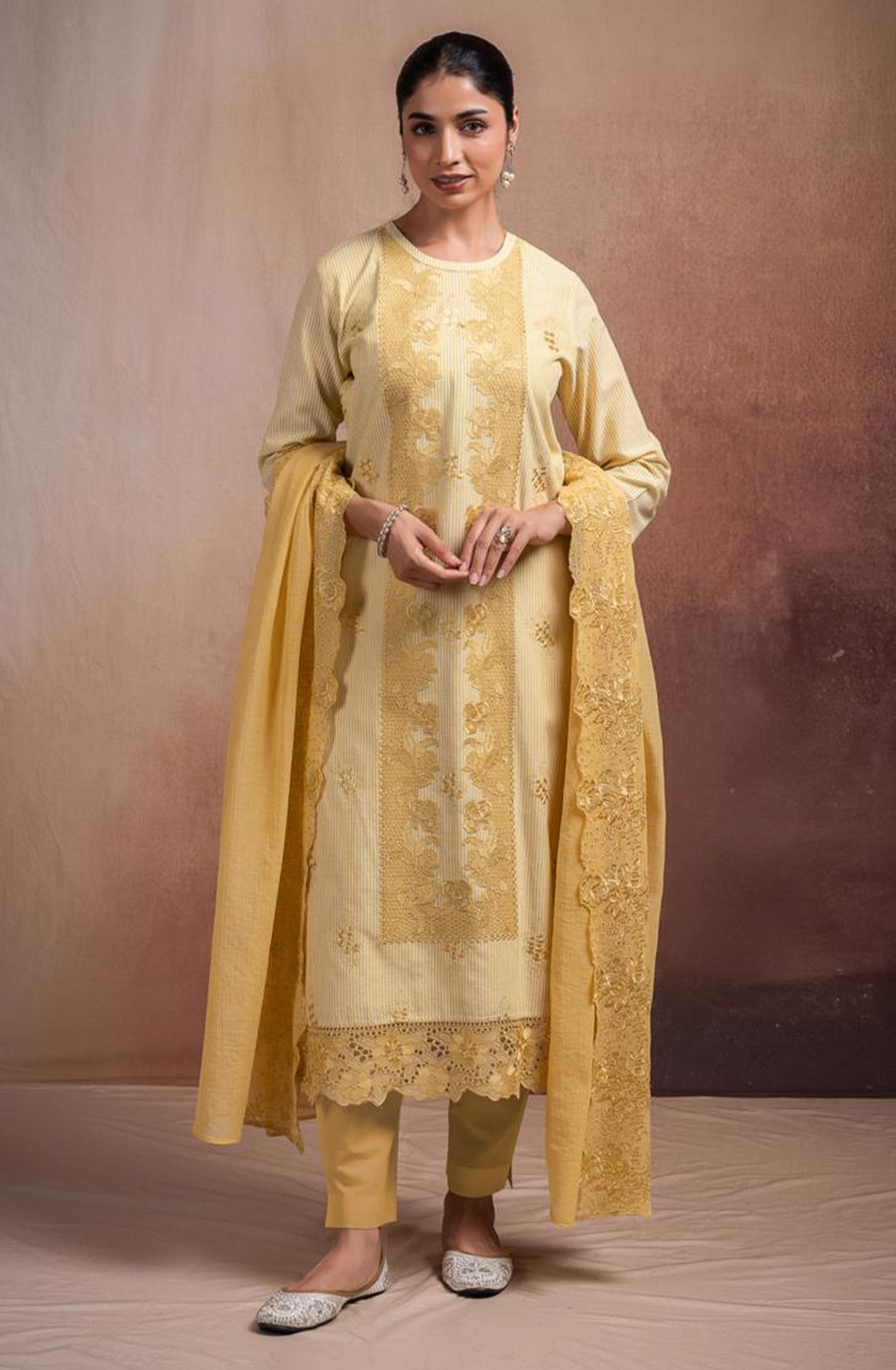 Yellow Pure Cotton Handloom Embroidered Suit Set with Dupatta - ANTNSF137A