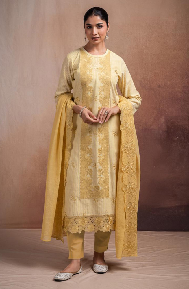 Image of Yellow Pure Cotton Handloom Embroidered Suit Set with Dupatta - ANTNSF137A