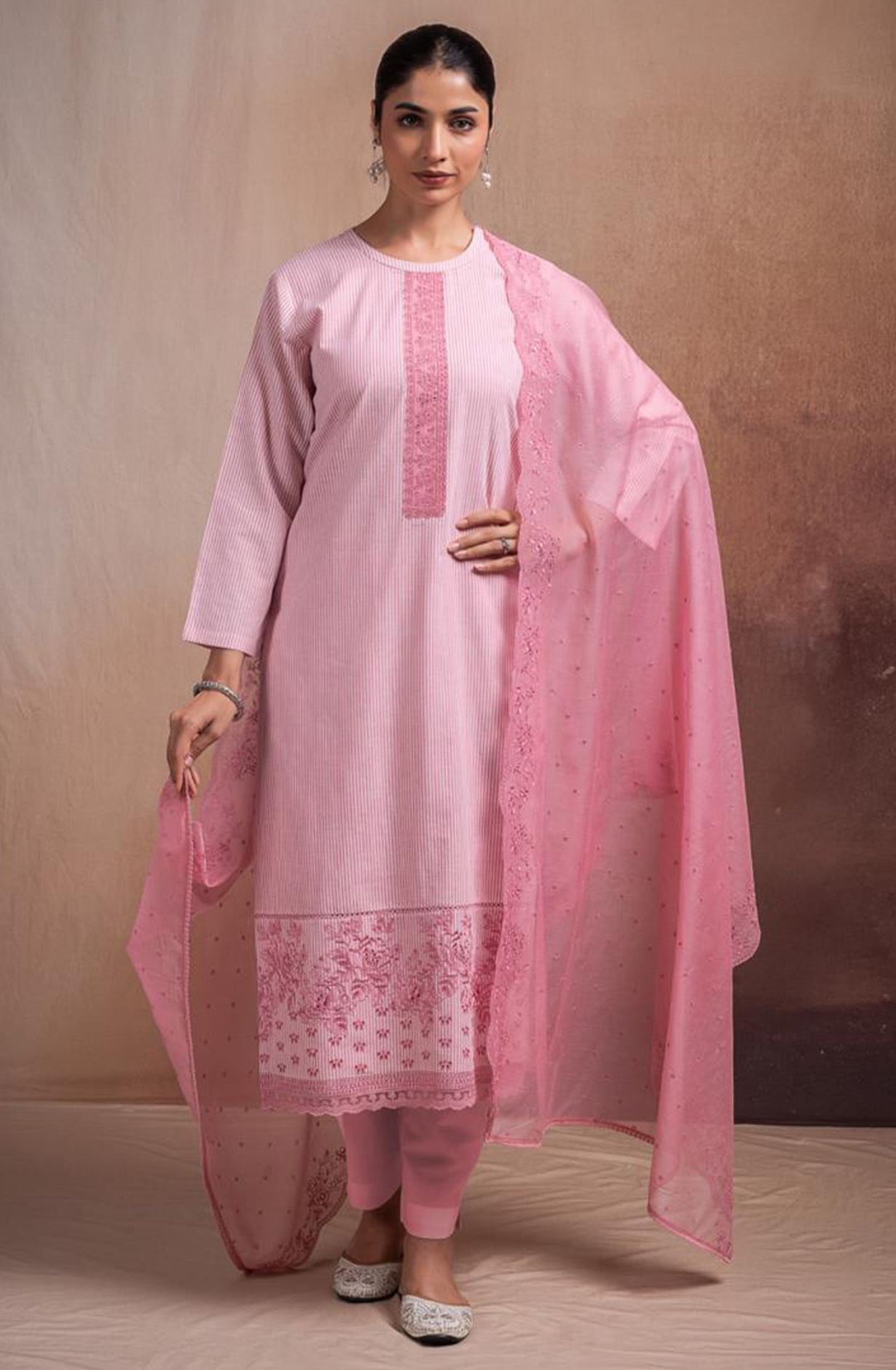 Pink Pure Cotton Handloom Embroidered Suit Set with Dupatta - ANTNSF136A