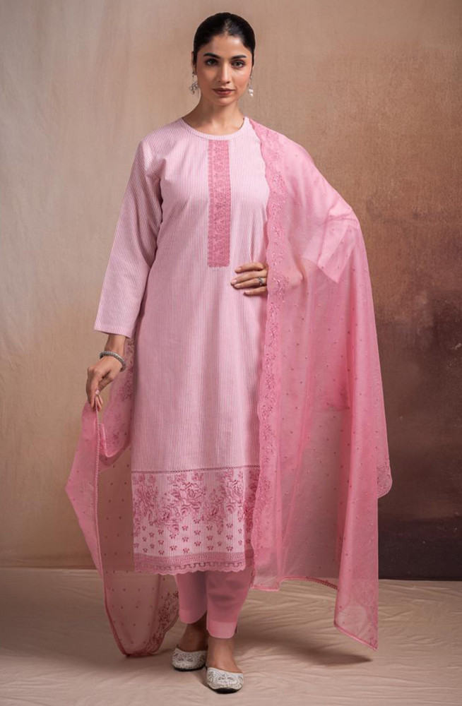 Image of Pink Pure Cotton Handloom Embroidered Suit Set with Dupatta - ANTNSF136A