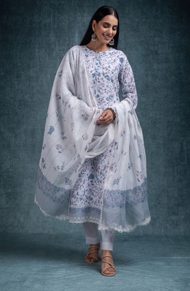 Image of Grey Linen beautiful Suit Set with Dupatta - INRNSP107A