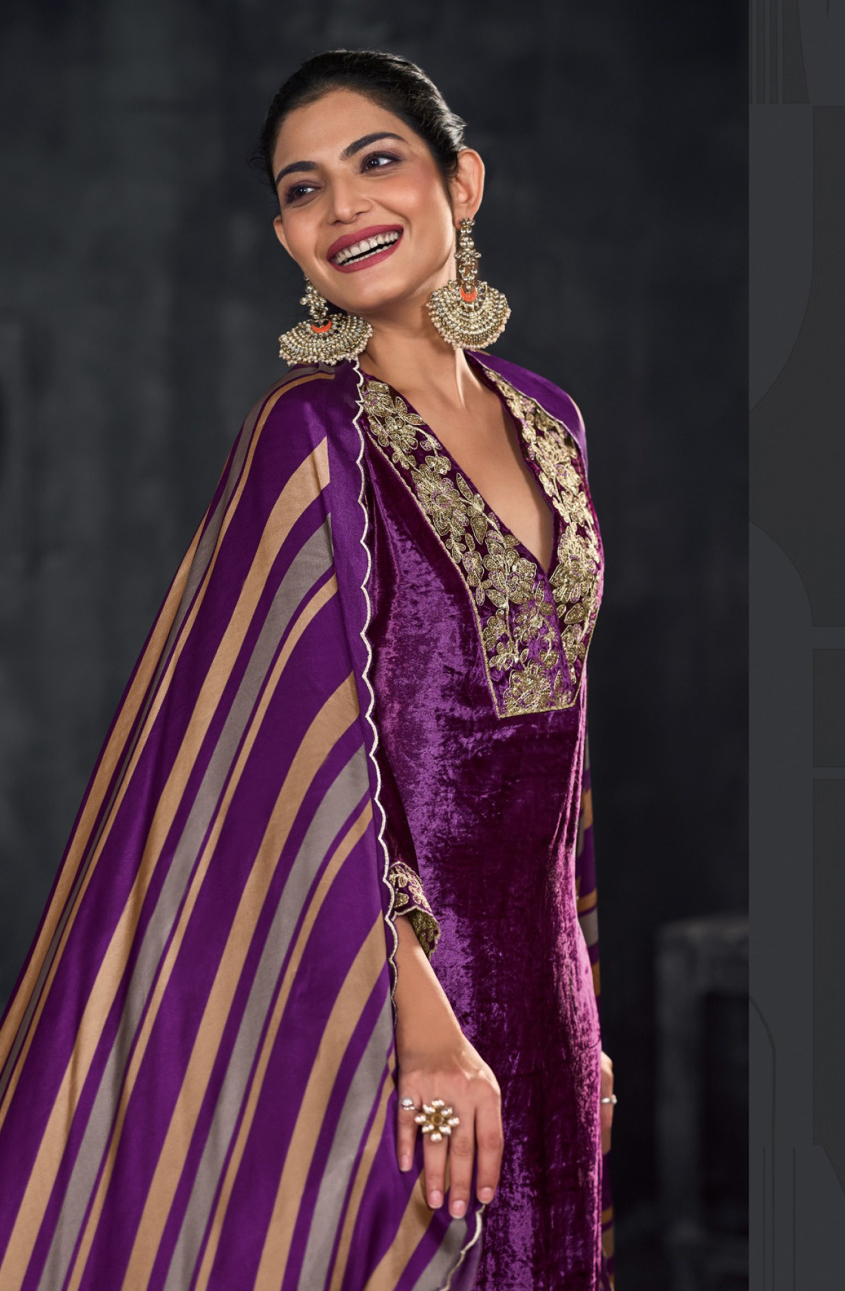 Purple Pure viscose velvet Suit set with Dupatta- PAN768