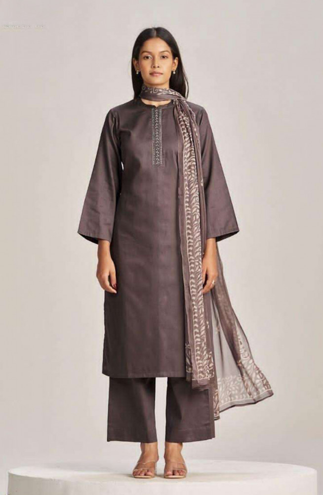 Image of Coffee Premium Cotton Satin Unstitched Suit Set with Beautiful Dupatta - GABS4877A