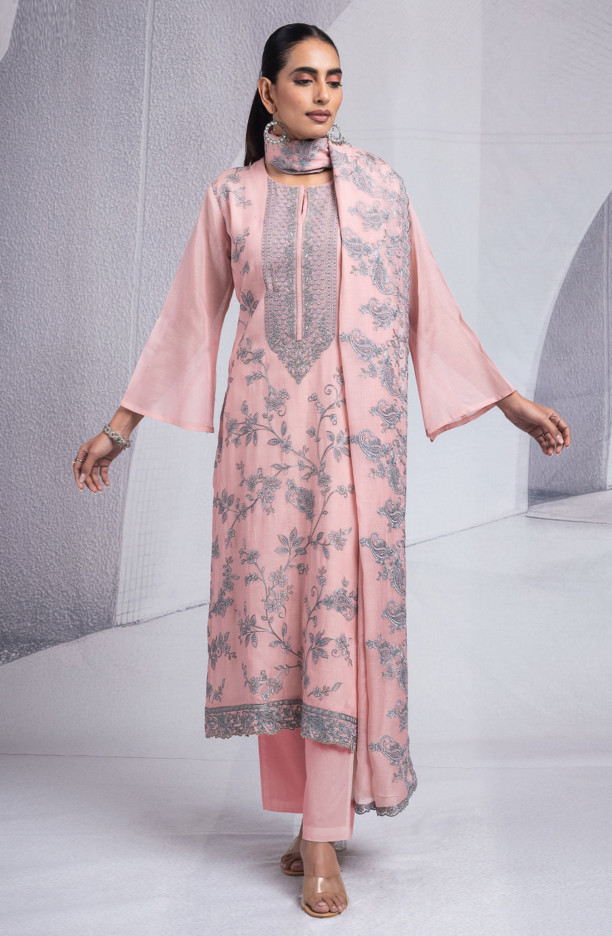 Pink Pure Mul Chanderi Suit Set with Dupatta -R157-SPR2579B