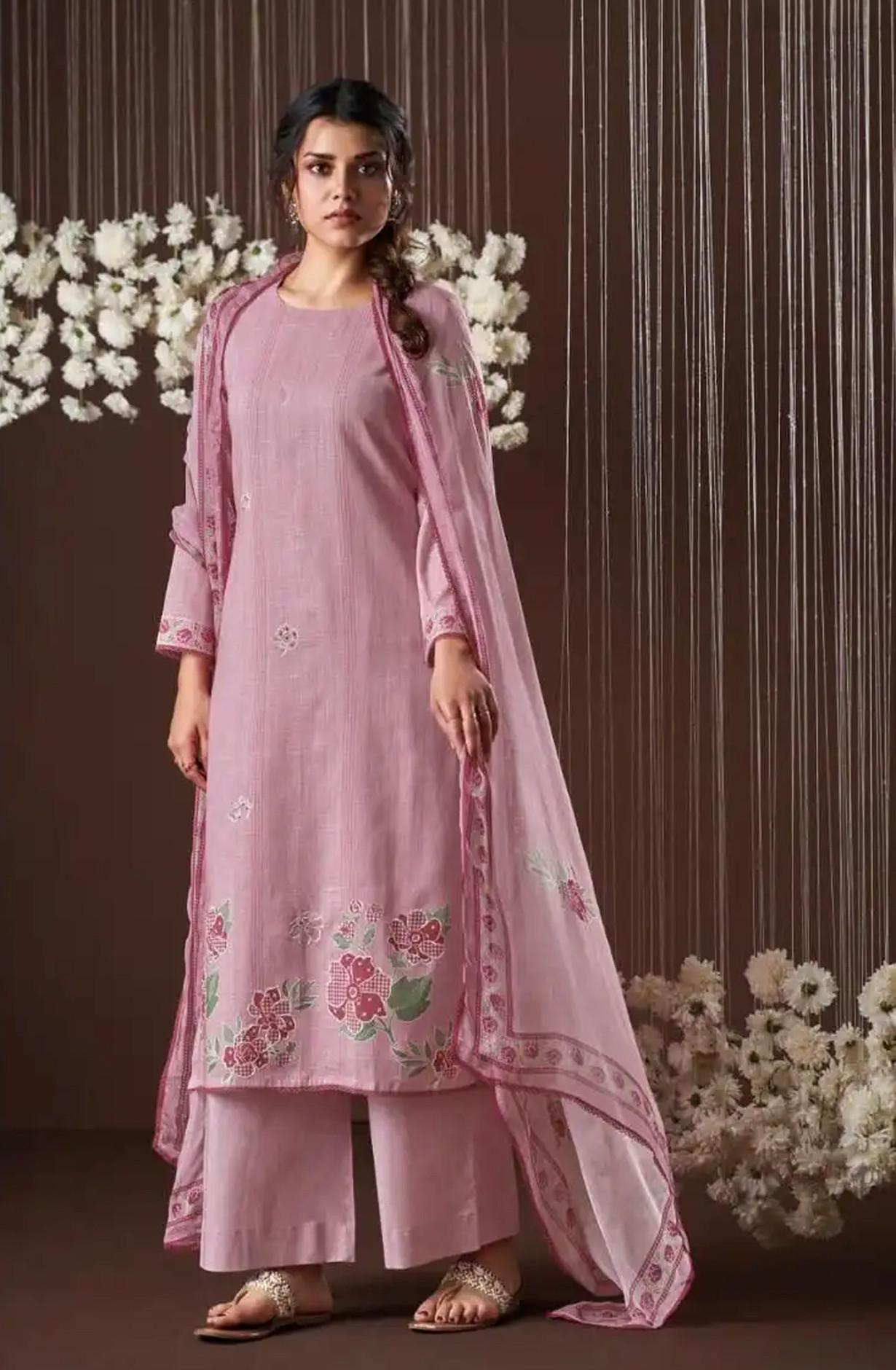 Pink Premium Cotton Linen Unstitched Suit Set with Dupatta - HYS4533D