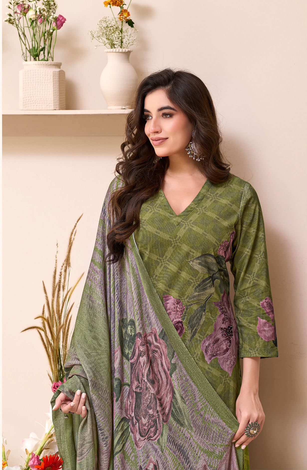 Green pure corduroy Suit set with Dupatta- ROS777