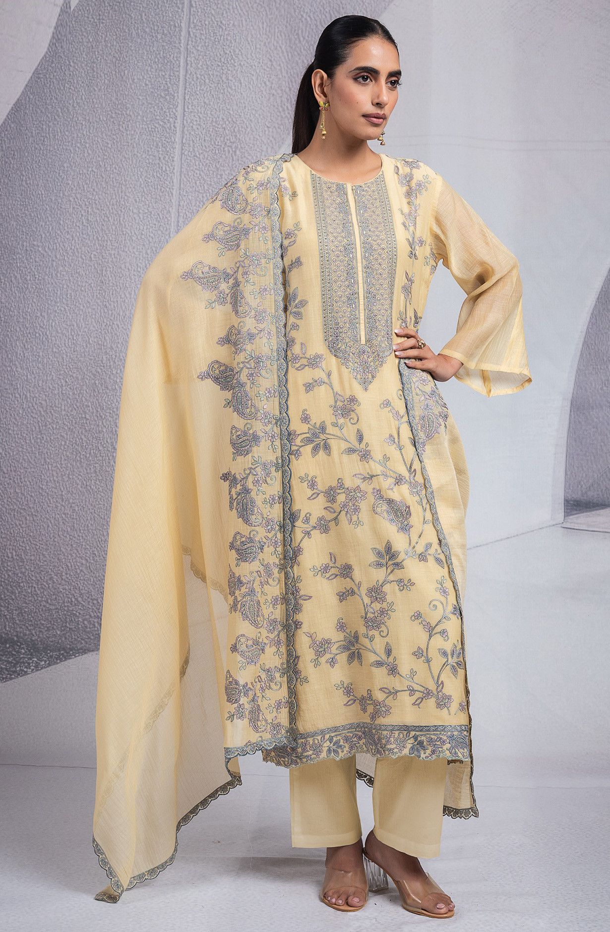 Yellow Pure Mul Chanderi Suit Set with Dupatta -R157-SPR2579C