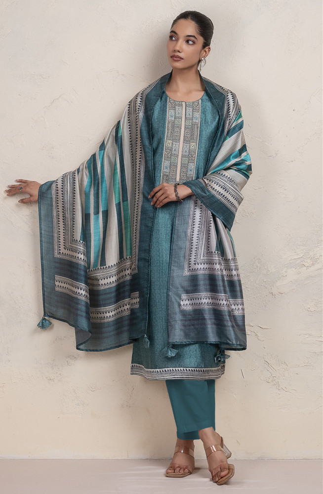 Image of Blue Silk Unstitch Suit Set with Dupatta - R157-SPR2614B