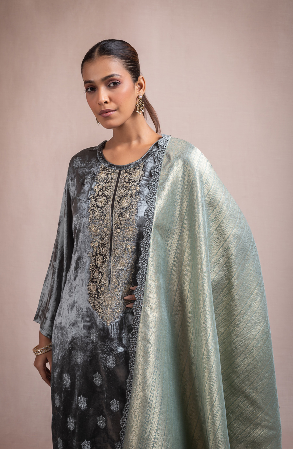 Green Pure Velvet Suit Set with Beautiful Dupatta - KAA2117A