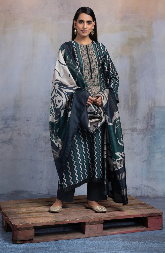 Image of Blue Beautiful Silk Suit Set with Dupatta -R157-SPR2602A