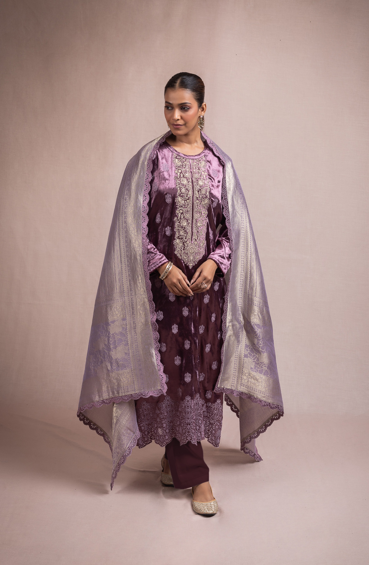 Purple Pure Velvet Suit Set with Beautiful Dupatta - KAA2117B