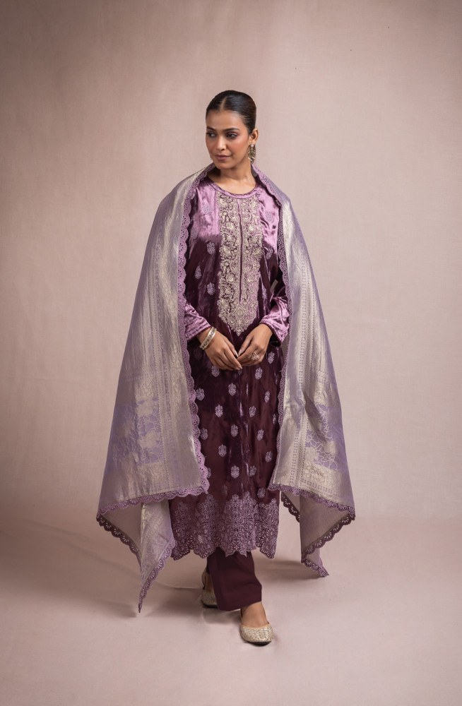 Image of Purple Pure Velvet Suit Set with Beautiful Dupatta - KAA2117B