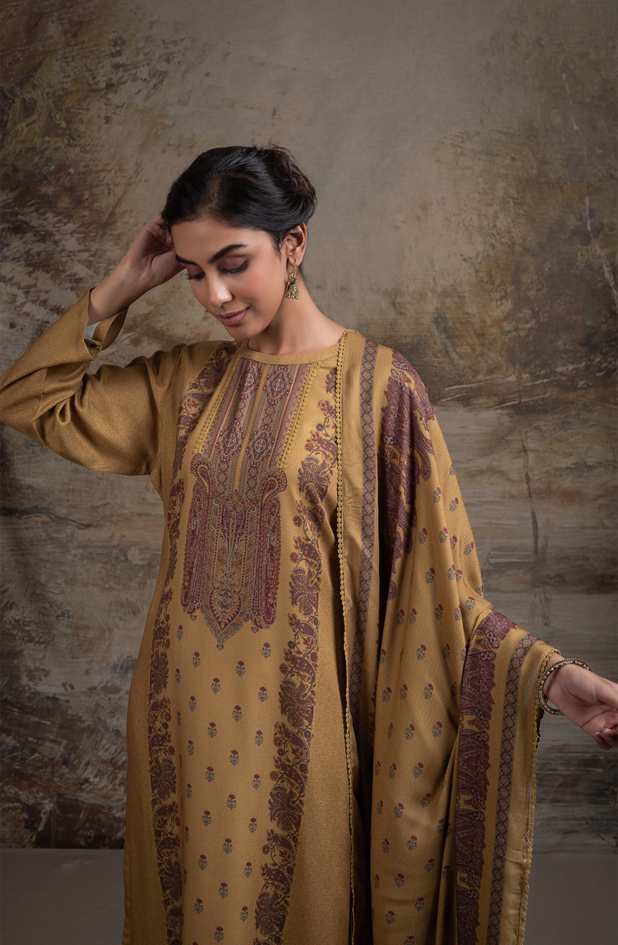 Mustard Pashmina Digital Printed Suit Set with Dupatta - QAA2130A