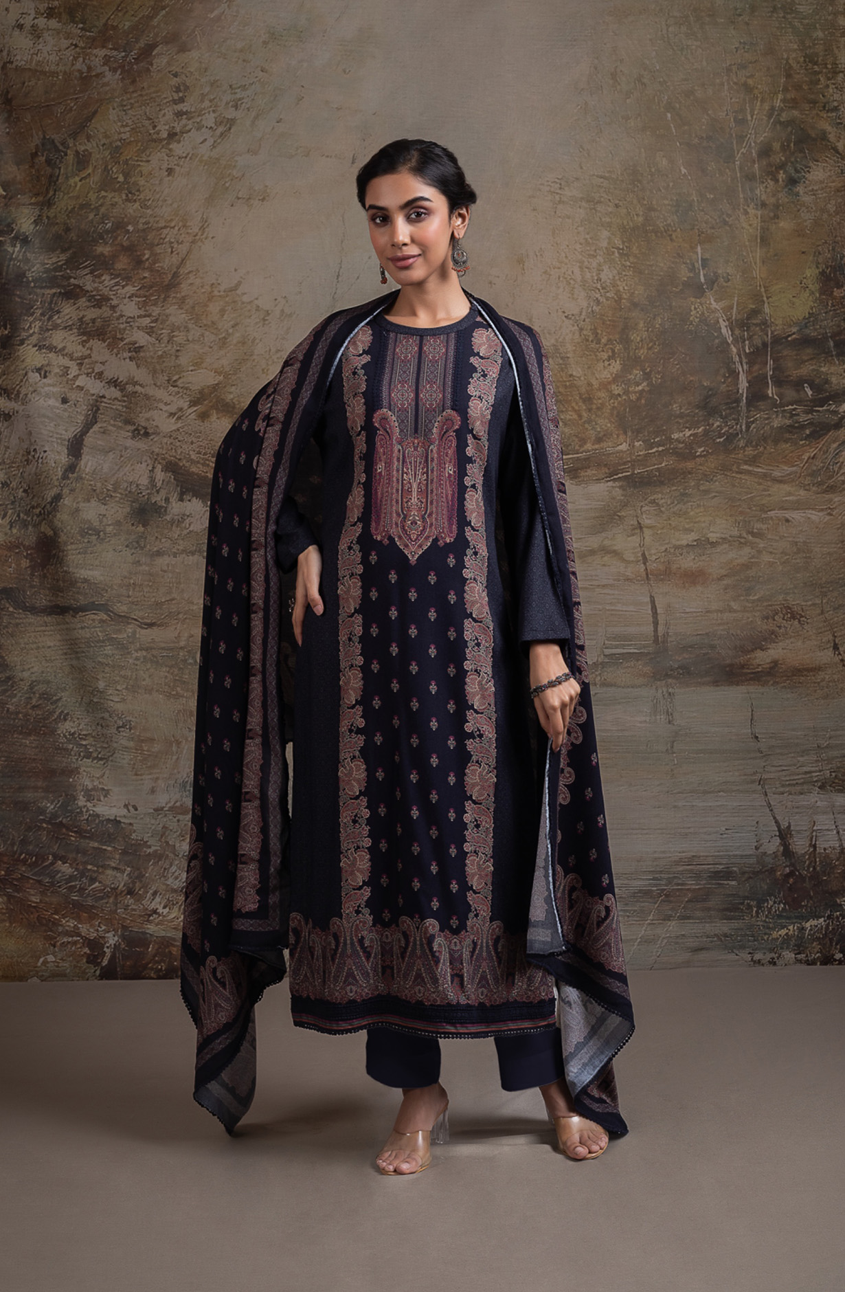 Black Pashmina Digital Printed Suit Set with Dupatta - QAA2130B