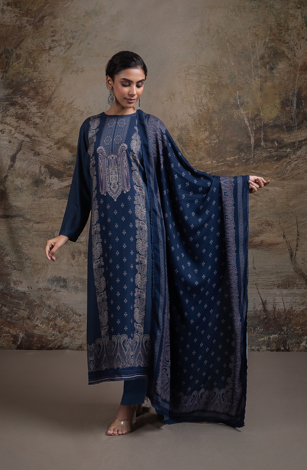 Blue Pashmina Digital Printed Suit Set with Dupatta - QAA2130C