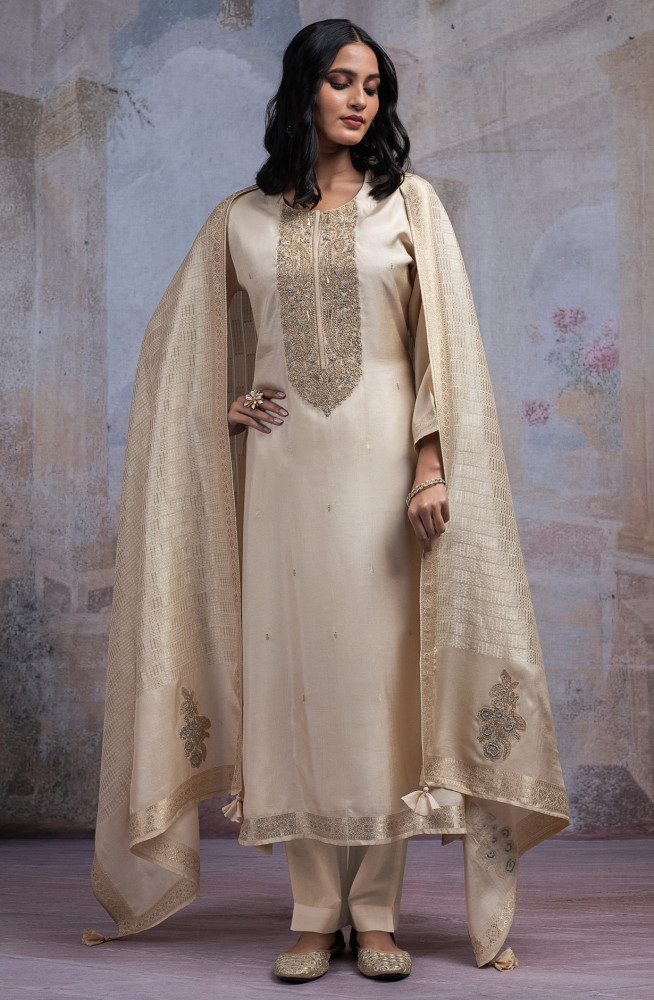 Image of Beige Silk Suit Set with Dupatta - R157-SPR2542