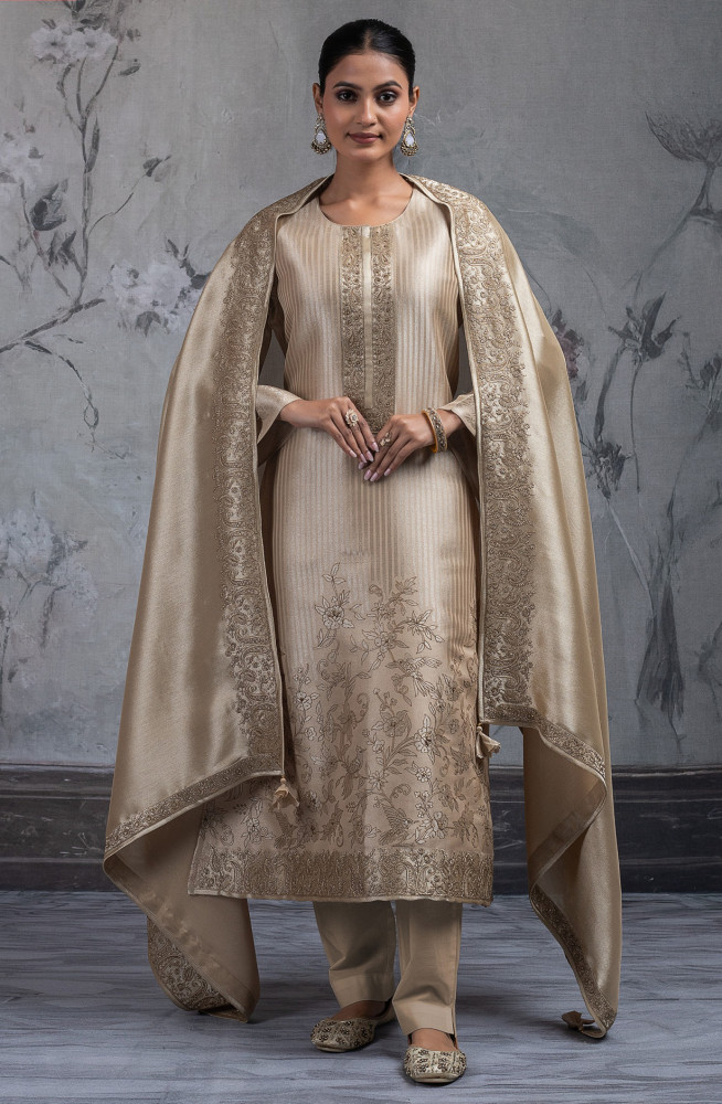 Image of Beige Ziraf Silk Jacquard Suit Set with Dupatta - R157-SPR2422B