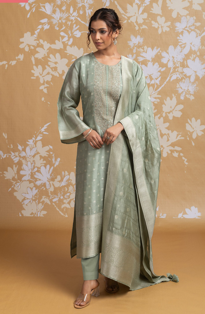 Image of Green Raw Silk Jacquard Suit Set with Dupatta - R157-SPR2590