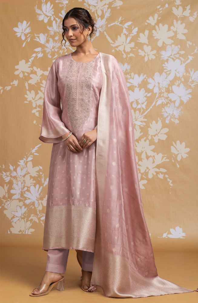 Image of Pink Raw Silk Jacquard Suit Set with Dupatta - R157-SPR2590A