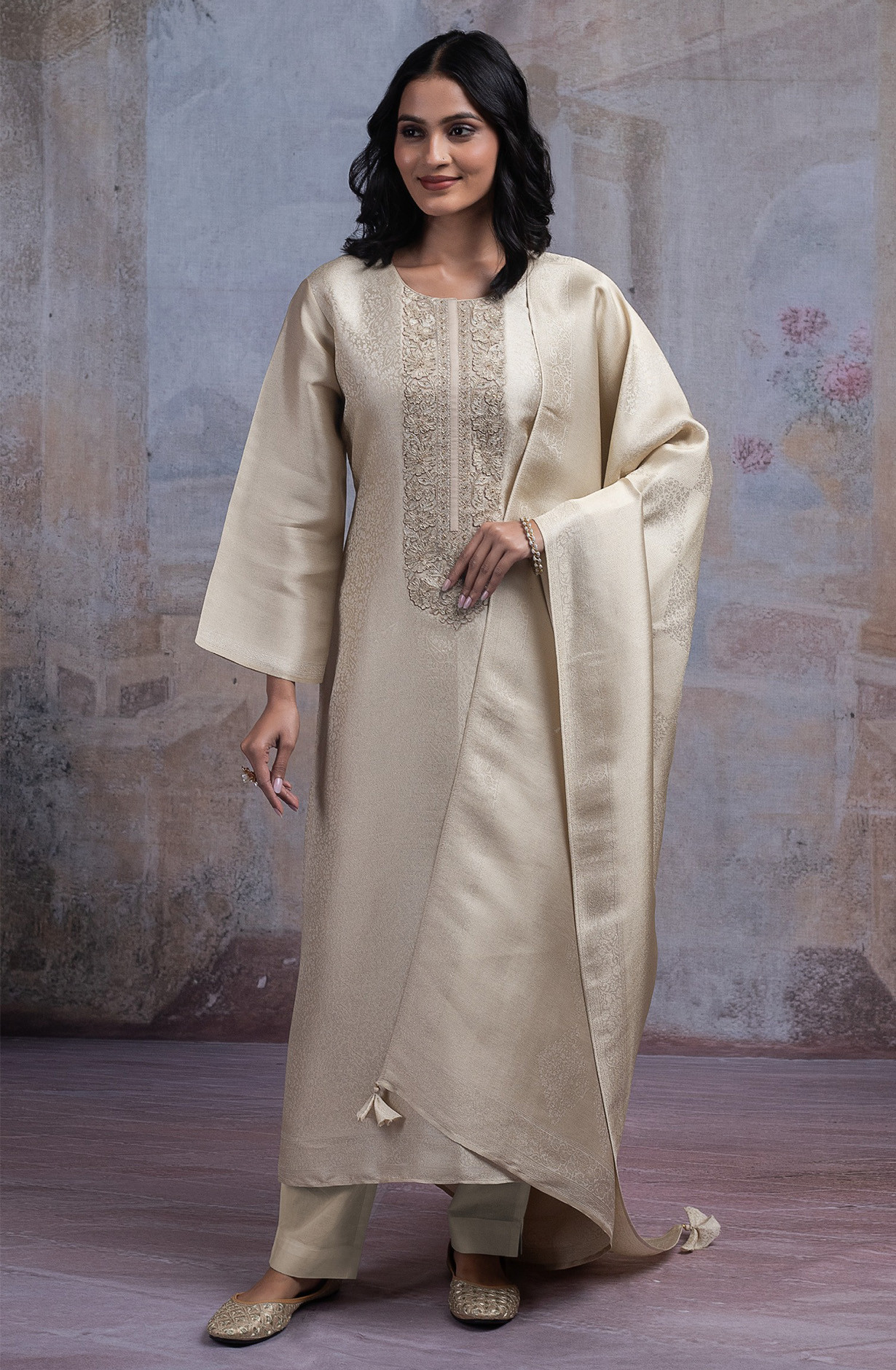 Beige Ziraf Silk Jacquard Suit Set with Dupatta - R157-SPR2541A