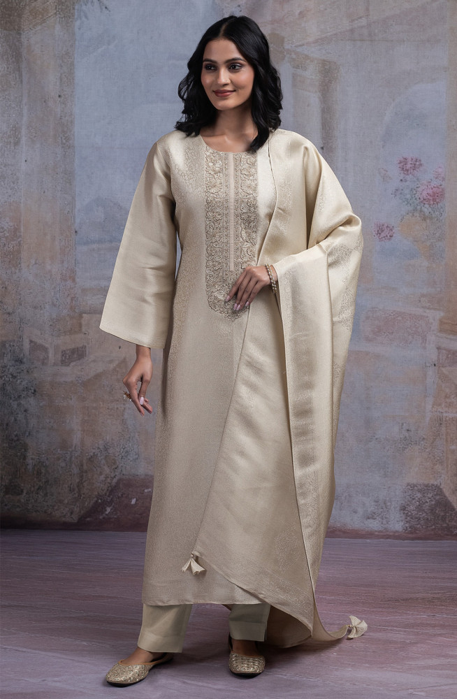 Image of Beige Ziraf Silk Jacquard Suit Set with Dupatta - R157-SPR2541A
