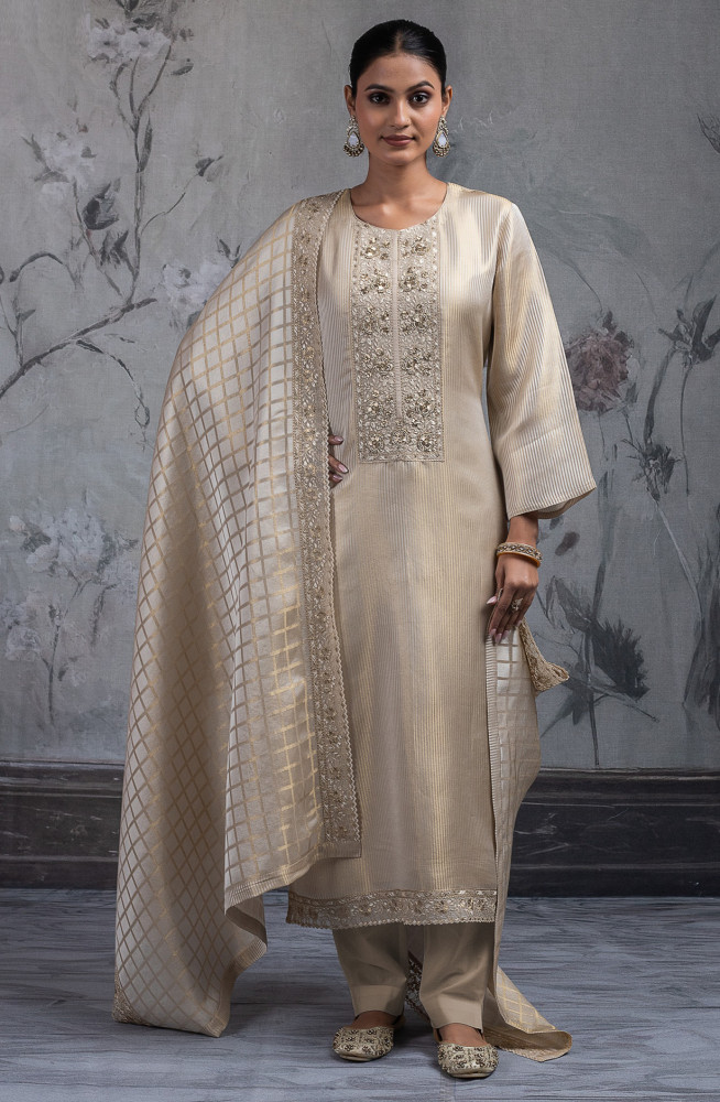 Image of Beige Tissue Silk Jacquard Suit Set with Dupatta - R157-SPR2543