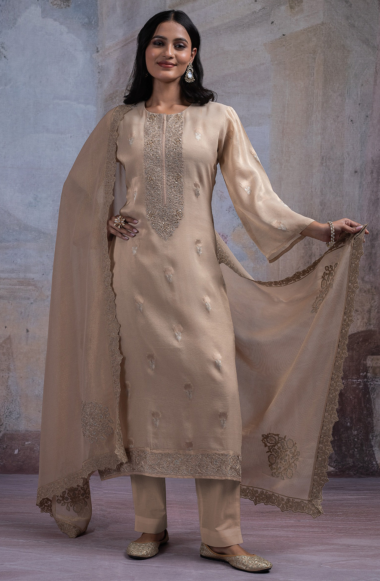 Fawn Tissue Silk Jacquard Suit Set with Dupatta - R157-SPR2547