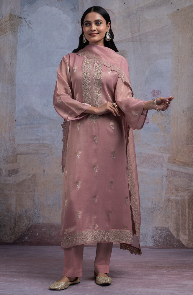Image of Mauve Tissue Silk Jacquard Suit Set with Dupatta - R157-SPR2547A