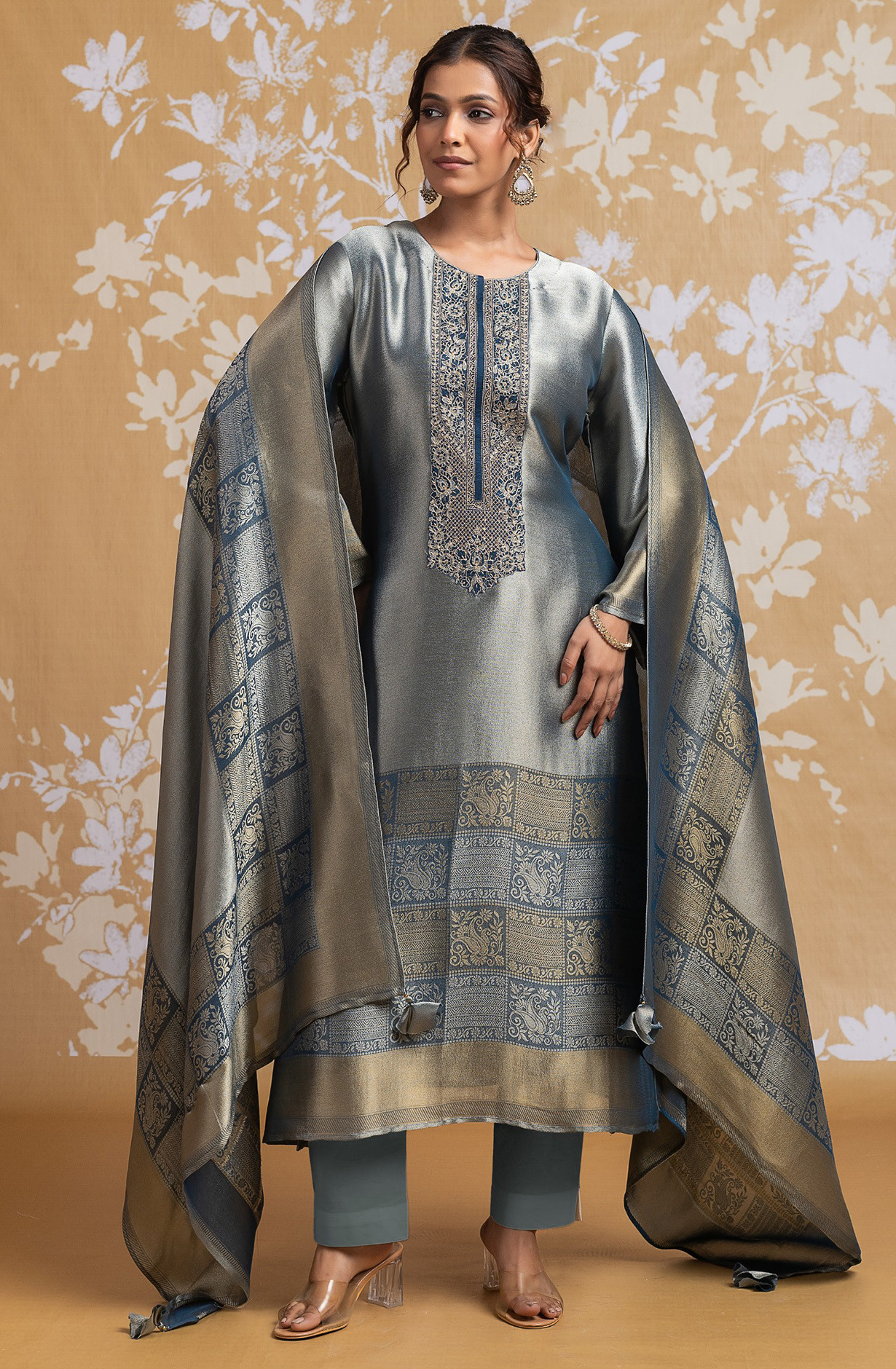 Grey Ziraf Silk Jacquard Suit Set with Dupatta - R157-SPR2556