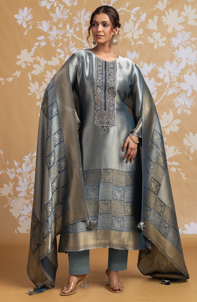 Image of Grey Ziraf Silk Jacquard Suit Set with Dupatta - R157-SPR2556