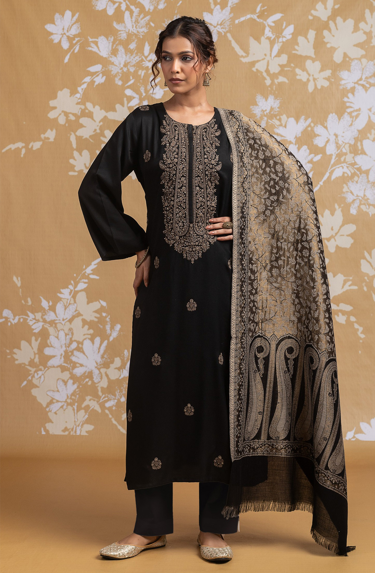 Black Pashmina Embroidered and Handwork Suit Set with Dupatta - R157-SPR2550