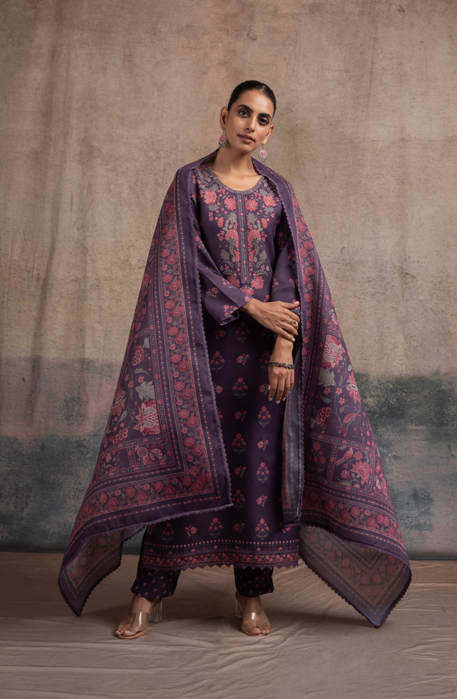 Image of Purple Pashmina Digital Printed Suit Set with Dupatta - SUF2136A