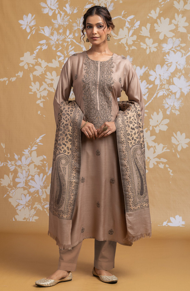 Image of Brown Pashmina Embroidered and Handwork Suit Set with Dupatta - R157-SPR2550A