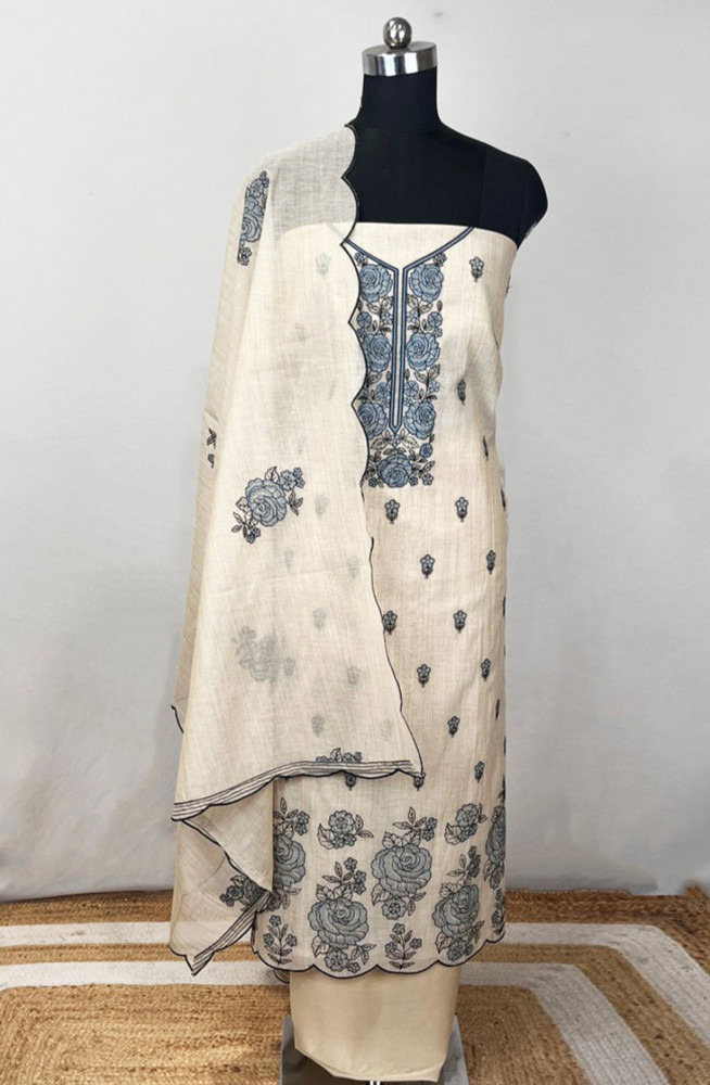Image of Blue Linen Unstitched Beautiful Suit Set with Dupatta - 131-EE5489A