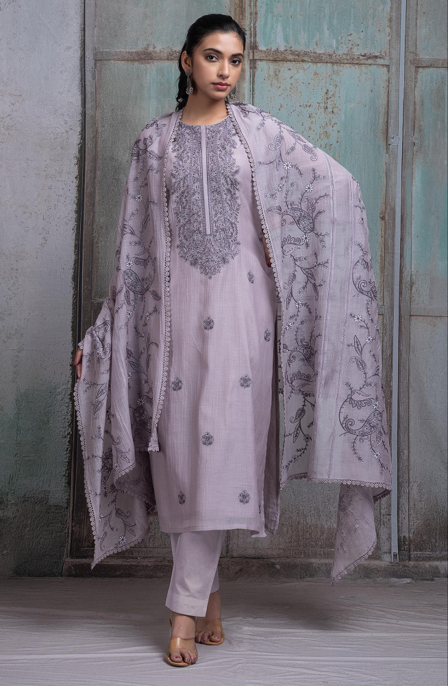 Image of Purple Pure mul chanderi Embroidered Suit Set with Dupatta - R157-SPR2597