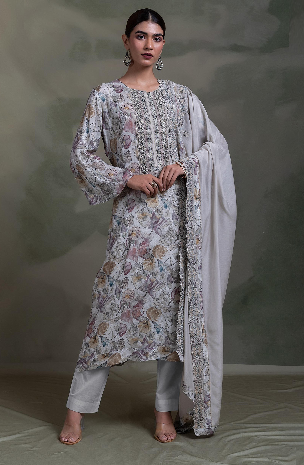 Grey printed Muslin Embroidered Suit Set with Dupatta - R157-SPR2331A