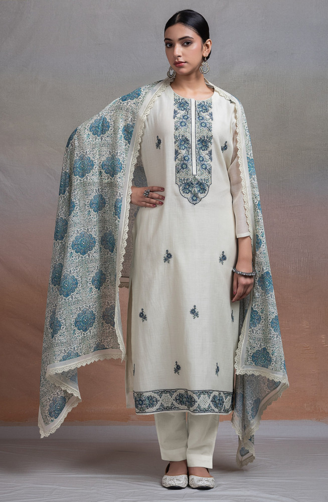 Image of Cream Pure mul chanderi Suit Set with Dupatta - R157-SPR2664A