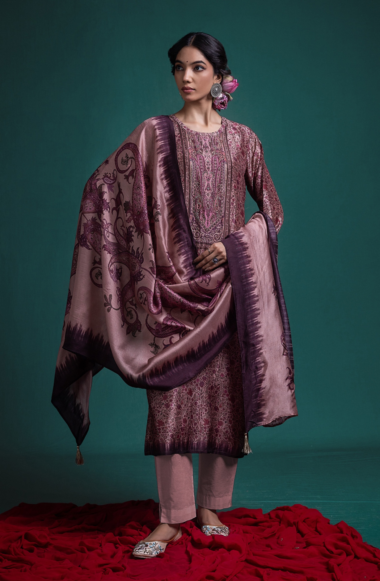 Red Pure silk Unstitched Suit Set with Beautiful Dupatta - KALNSK162A