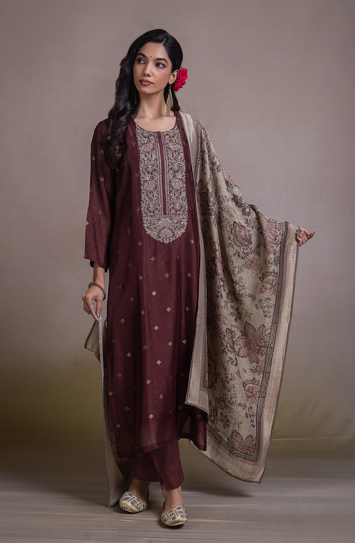 Wine Pure silk Unstitched Suit Set with Beautiful Dupatta - VAHNSK145B