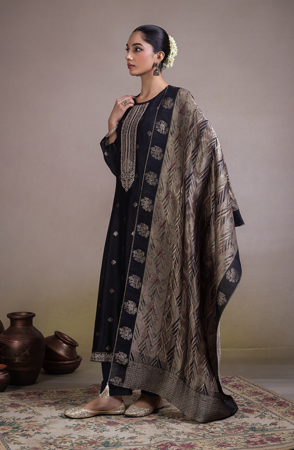 Black Pure silk Unstitched Suit Set with Beautiful Dupatta - MUGNSK146A