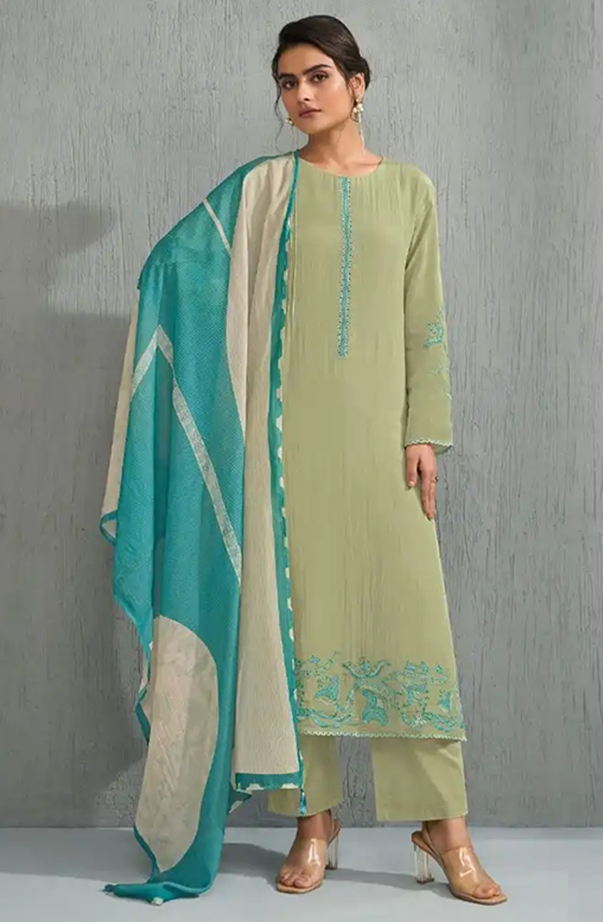 Pista Green mal chanderi silk Beautiful Suit Set with Dupatta - ZEH13041B