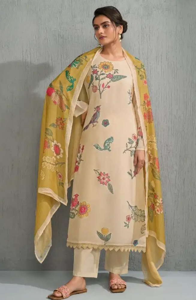 Image of Beige cotton silk Beautiful Suit Set with Dupatta - SAH12041A