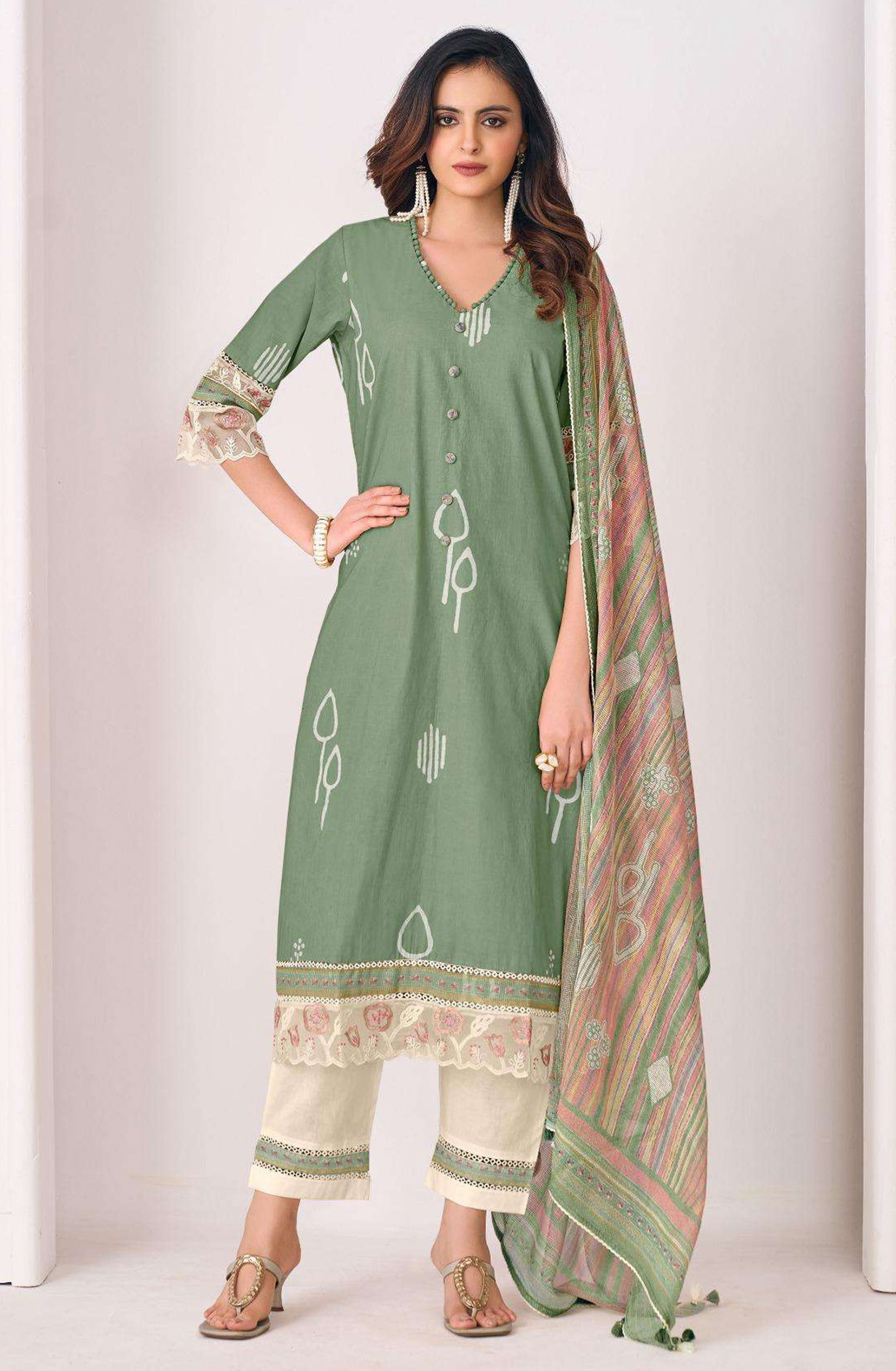 Green Pure Cotton Beautiful Suit Set with Dupatta - IMA3275B