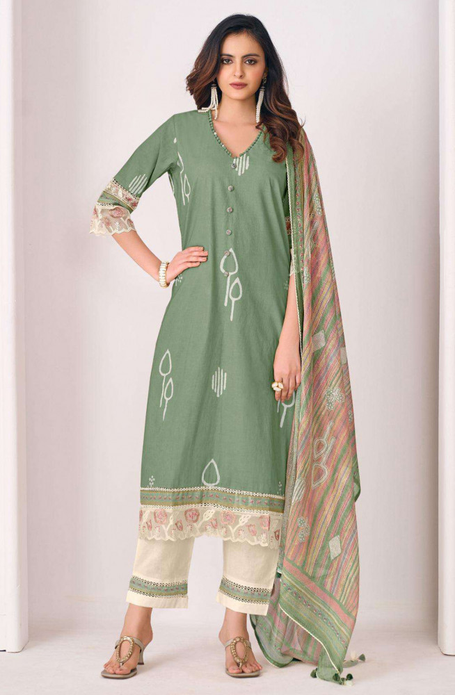 Image of Green Pure Cotton Beautiful Suit Set with Dupatta - IMA3275B
