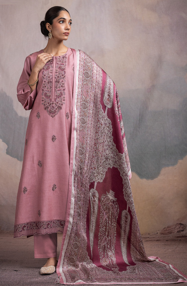 Image of Pink Pure Monga Tussar Silk Suit with Dupatta - R157-SPR2494