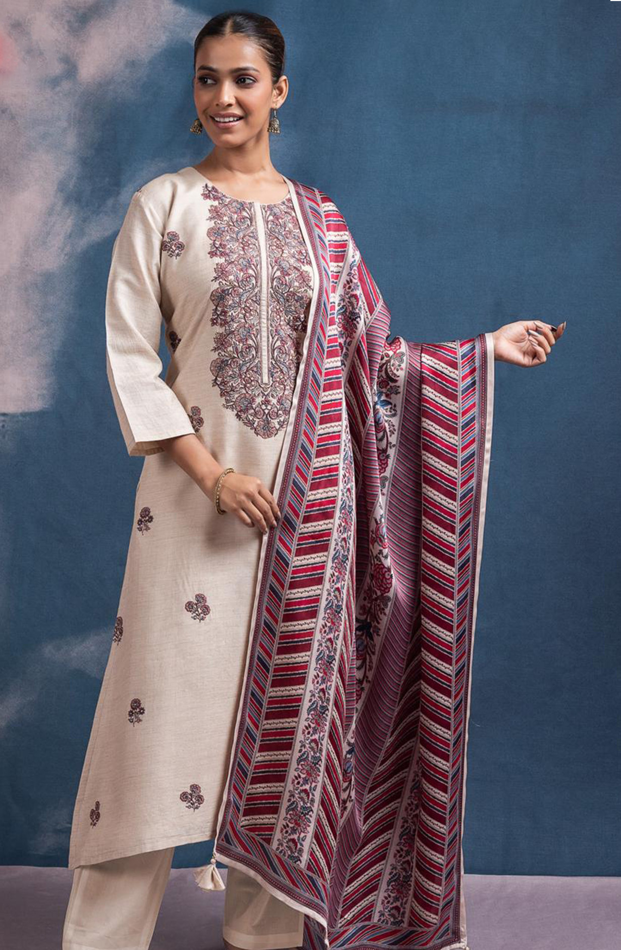 Off - White Monga Tussar Silk Suit with Red Dupatta - R157-SPR2493