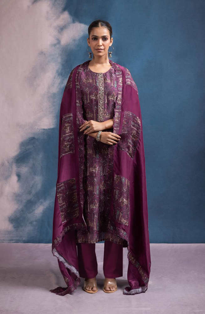 Image of Purple Silk Printed Suit set with Dupatta - R157-SPR2448B