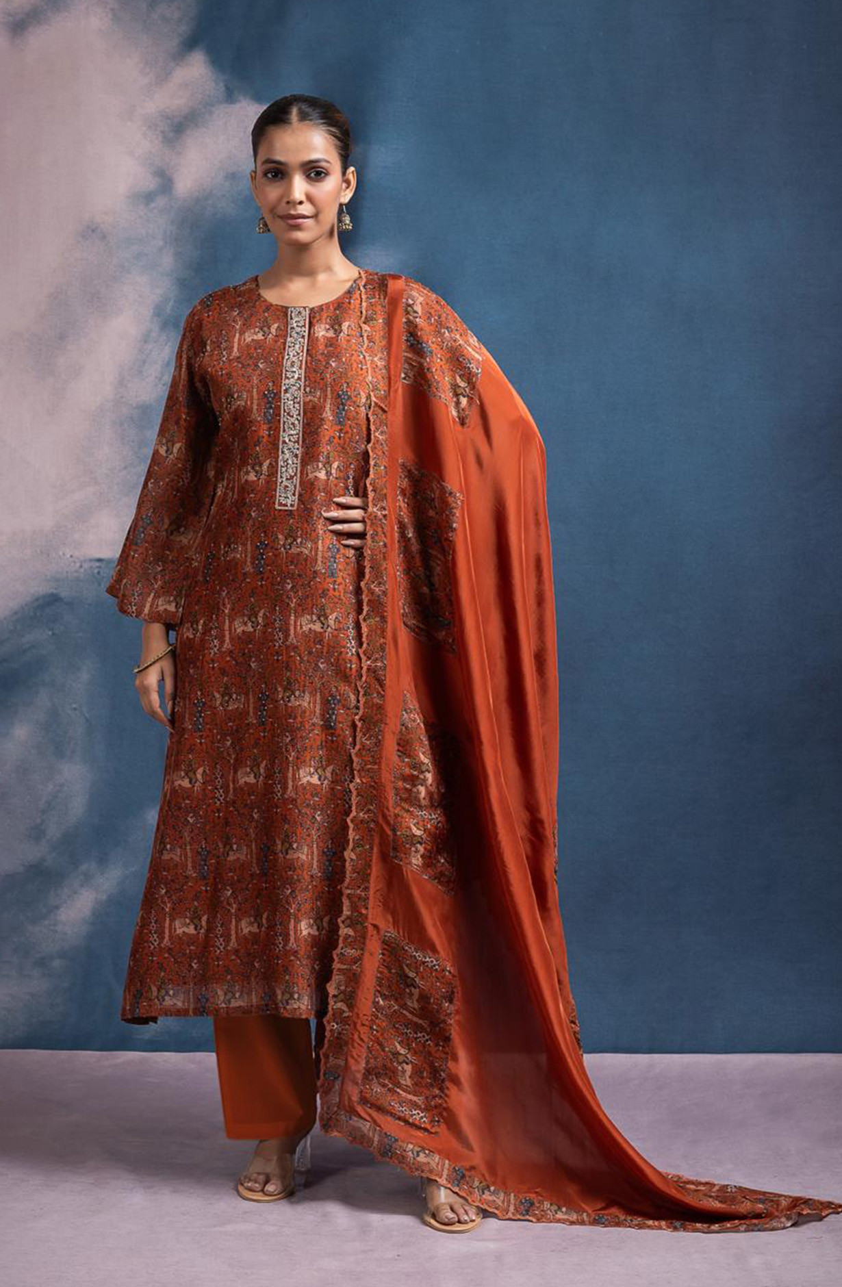 Orange Silk Printed Suit set with Dupatta - R157-SPR2448C