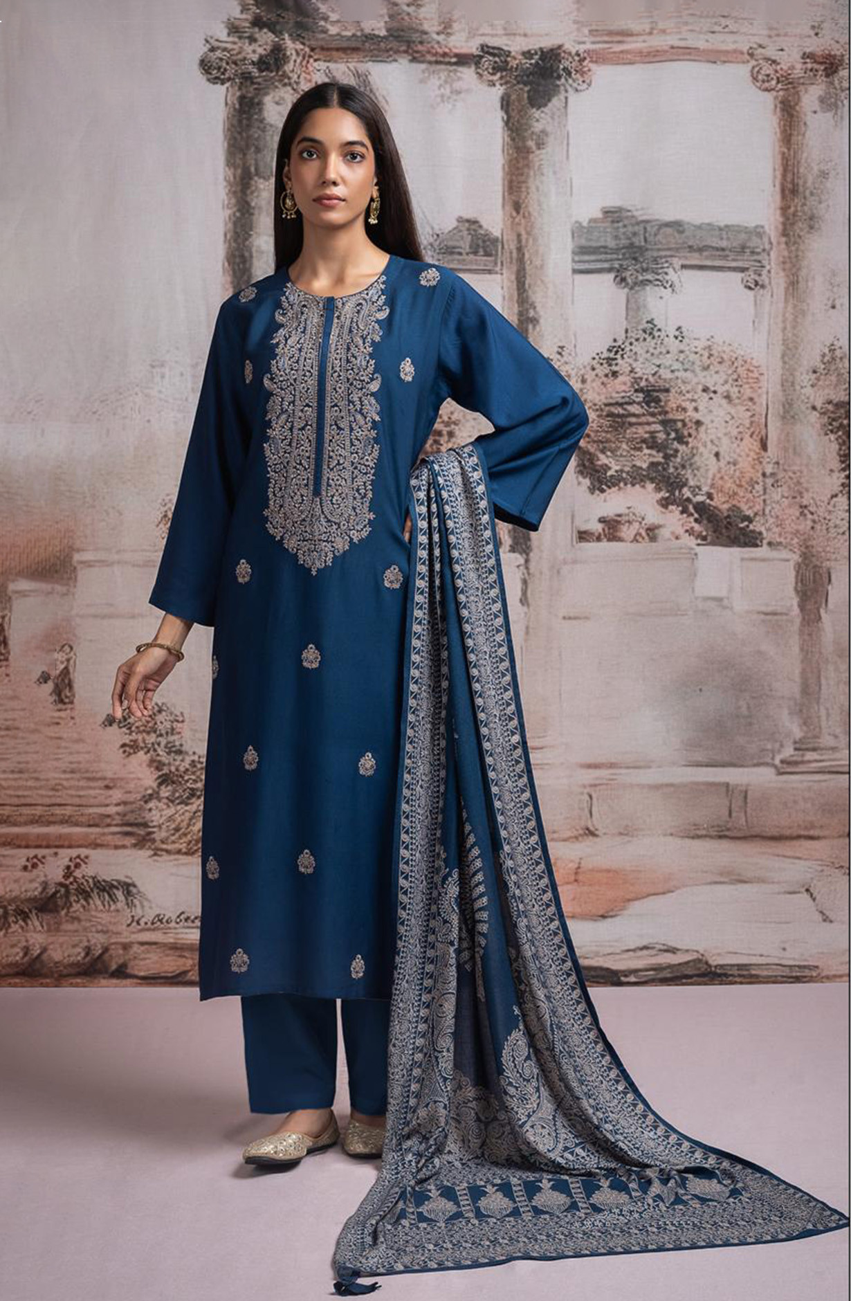 Blue Pashmina Suit with Pashmina Dupatta - R157-SPR2484