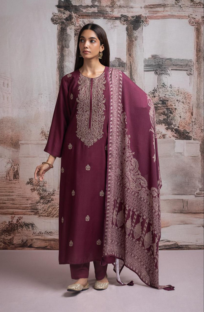 Image of Wine Pashmina Suit with Pashmina Dupatta - R157-SPR2484A